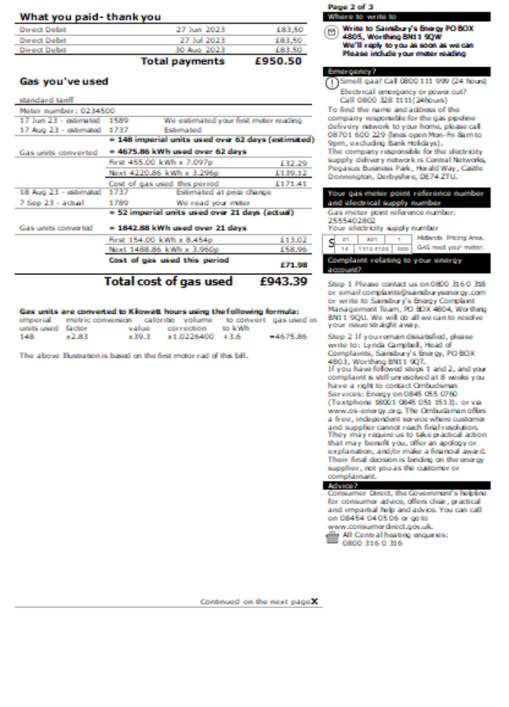 Sainsbury  Energy (British Gas) business utility bill, page 2. SCR PSD template